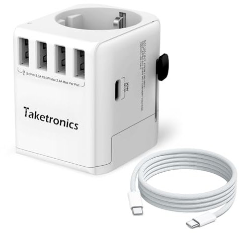 Reiseadapter Schuko 3-Pin Universal 4 x USB A, 1 x USB C 30W und 1 x AC, Internationaler Steckdosenadapter, Universaladapter Deutschland auf USA England, Australien, China + 1m C-C Nylon Ladekabel