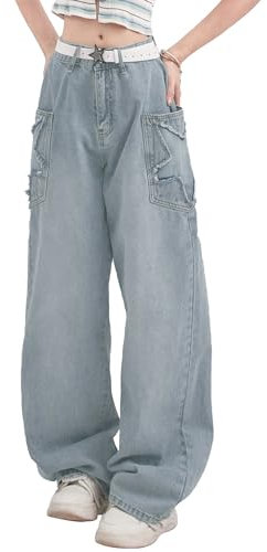 Kisswow Star Jeans Cyber Y2k Cargohose für Damen, Sternenhose, süße Jeans für Teenager, Pentagramm 13 Blau mit Gürtel, S