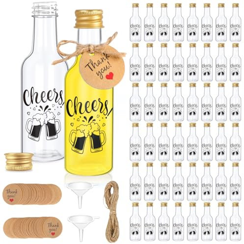 OurWarm 50PCS Airtight Shot Bottles with Caps, 1.7oz/50ml Empty Plastic Mini Liquor Bottles with Funnels Tags and Twine for DIY Juice Wine Alcohol Homemade Spirit Bottles Birthday Wedding Party Favors
