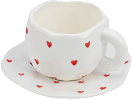 Koythin 10oz Ceramic Mug With Saucer, Small Red Heart Couple Latte Tea Cup | 300ml Heart Pattern Cup, Safe For Microwave & Dishwasher; Couple Cup