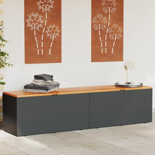 Festnight Polyrattan Garten Kissenbox Wetterfest (Wasserdicht) 220 x 50 x 54 cm, Auflagenbox für draußen mit Verstärktem Deckel und Gasdruckfedern, auch als Tischplatte Geeignet, Schwarz und Braun