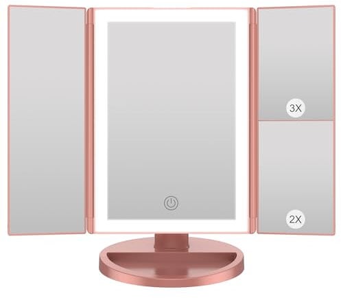 WEILY Miroir Maquillage, Miroir Grossissant Lumineux avec 1X/2X/3X, Miroir LED Maquillage Pliable avec Écran Tactile et Réglable à 180 Degrés, Support USB et Batterie (Or Rose)