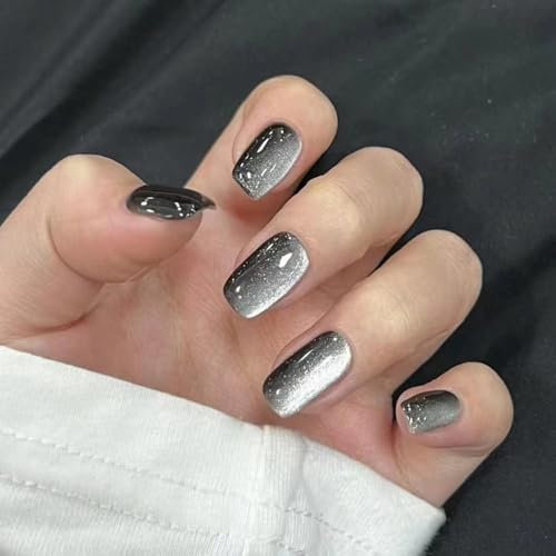 Short False Nails, Cat Eye Glitter Press on Nails, Nails Handmade Press-On Medium Long Coffin Ballerina with Flesh Color Cat Eye Design Charm Cute False Nail Tips 24 Pcs (Black)