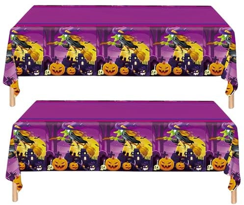 COSORO 2pcs Halloween Table Cloth Party Plastic Cover,108x 180cm Large Witch Pumpkin Purple Dinner for Indoor Outdoor Halloween Party Table Decorations