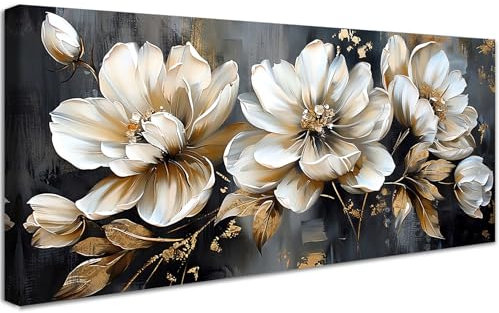 Mit Rahmen Leinwand Bilder Beige Pfingstrosen Blumen Bild auf Leinwand Malerei Poster Kunstdrucke Graue Goldene Blätter Bild Wandbilder Heim Restaurant Wohnzimmer Schlafzimmer Wanddekoration 50x120cm