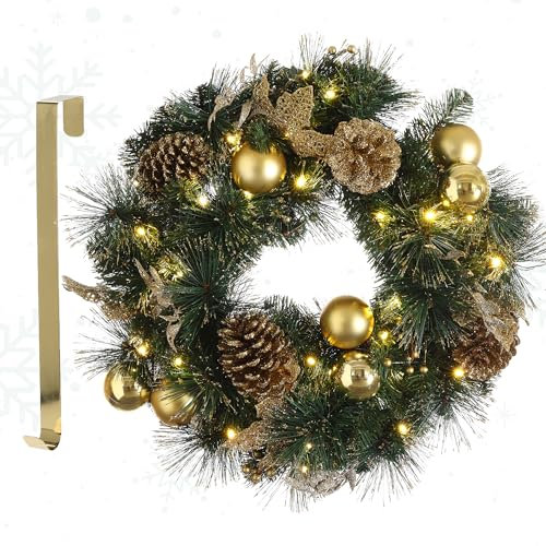 MeisterHome ® Künstlicher Weihnachtskranz Adventskranz für Tür Ø 50 cm - Weihnachtlicher Türkranz für Innen und Außen mit 35 LEDs, Timer und Gold Dekoration + Goldfarbener Aufhänger