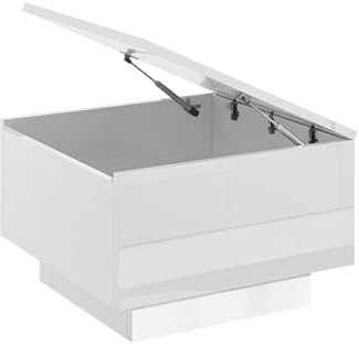 PROROOM FURNITURE Moon Couchtisch 60x60 cm Weiß Hochglanz, mit Stauraum | Quadratischer Wohnzimmertisch 60 x 60 x 40 cm, verstecktem Stauraum, moderner Sofatisch