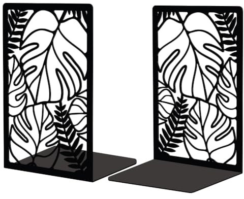 Peacoblue Metal Book Ends Stopper Holder Stand for Shelves Decorative, 13.46x10.9x20cm Modern Heavy Duty Study Bookends Stoppers Holder Stand for Desk Shelf, 1 Pair (Tropical Monstera Deliciosa)