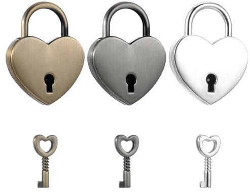 Ptwola 3 Stücke Schloss Mini Herz Vorhängeschloss mit Schlüssel Vintage Aufbewahrungsbox-Schloss Metall Kleine Liebesschlösser für Brücke Schließfach Buch Koffer Dekoration Valentinstagsgeschenk
