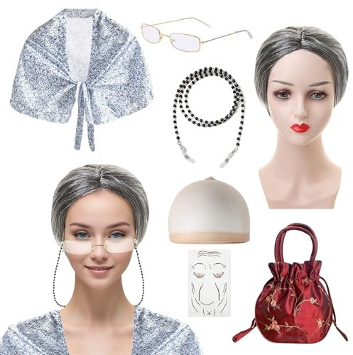 Oma Kostüm Alte Frau, Oma Perücke Grauer, Old Lady Kostüm Großmutter Cosplay Zubehör Set mit Locken Oma Perücke Brille Brillenketten Kordelriemen Perlenschmuck Umhang für Verkleidung Fasching Karneval
