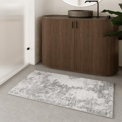 WECONhome – Waschbarer und Rutschfester Badezimmerteppich im Vintage Design – Moderne Eleganz und Bester Komfort für Dein Bad – Samu (70 x 120 cm, weiß)