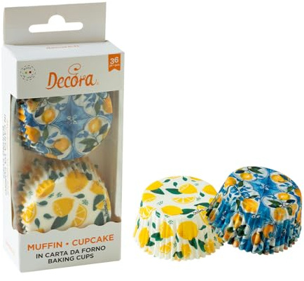 Decora 0339919 36er-Pack Amalfi Lemon Line Muffinförmchen Ø 50 x 32 mm, zum Backen, Präsentieren und Verschenken von Muffins, hitzebeständig bis 220°C, in praktischer Blisterverpackung