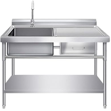 Évier de buanderie d'extérieur avec tiroir, évier de restauration, évier commercial sur pied, avec robinet d'eau chaude et froide et égouttoir pour buanderie, bar, restaurant (120 x 50 x 80 cm