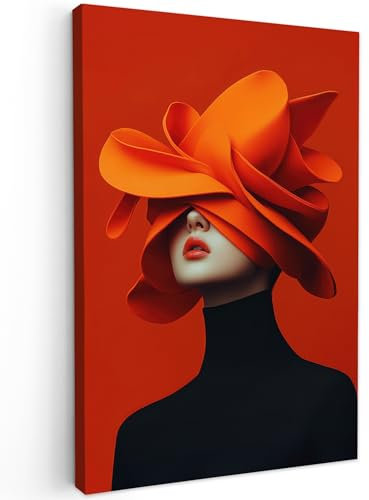 MuchoWow© Leinwandbilder Groß 80x120 cm XXL Wall Art Decoration Bilder für die Wand Schlafzimmer Deko Canvas Painting Wanddekoration Wohnzimmer Orange - Hut - Frau