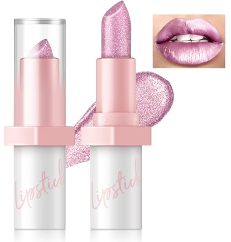 Noerrors Metallisches Pink Frost Glitzer Lippenstift, Hochglanz Lippenfarbe mit hoher Wirkung, Übertragungsfester cremiger Nude-Lippenstift Schimmernder nicht haftender Becher Lippen-Make-up