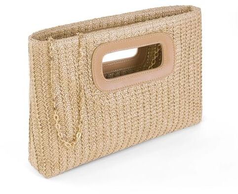 Xshelley Sac à main chic en paille pour femme avec chaîne dorée, sac à main tissé en raphia