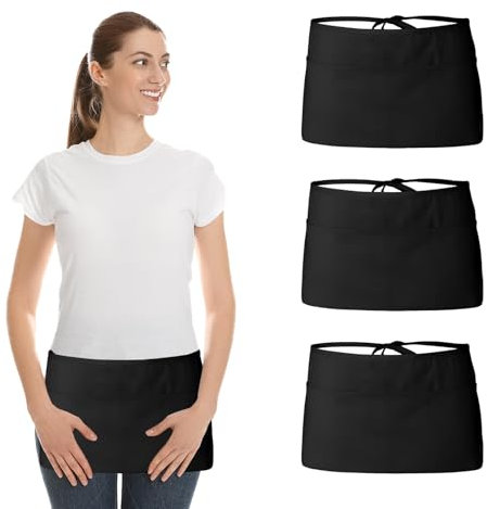 YSUY 3PCS Black Waist Apron, Waitress Apron & Chef Apron for Women Men - Cleaning Apron with Pockets, Kitchen Aprons for Women, Black Aprons for Men with Pockets