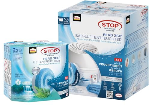 Pattex AERO 360° Luftentfeuchter für das Badezimmer, Raumluftentfeuchter, 1 Gerät inkl. 1 Nachfüll Tab & Nachfüll Tabs Frischer Wasserfall, geruchsneutralisierend, 2er-Pack (2x450g)