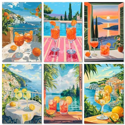 lxmydm Malen nach Zahlen erwachsene Cocktailgläser 6-teiliges Set digitale Ölgemäldelandschaft mit 2 Pinselsätzen 1 komplettes Set Polypropylenfarbe als Geschenk 20 x 30