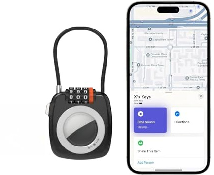 Padlock with Tracker, Combination Lock with Smart Tag Compatible with Apple Find My, for Airtag Holder with Cable Lock for Travel, Pet Tracking, Bags, Keys, Luggage, Black