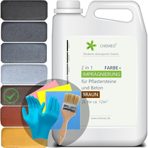 CHEMEO® Betonfarbe außen Frostsicher | Betonplatten, Terrassen und Pflastersteine Streichen | BRAUN Betonpflaster Farbe 2 liter für 12m3 | Bürste, Handschuhe und Tücher GRATIS