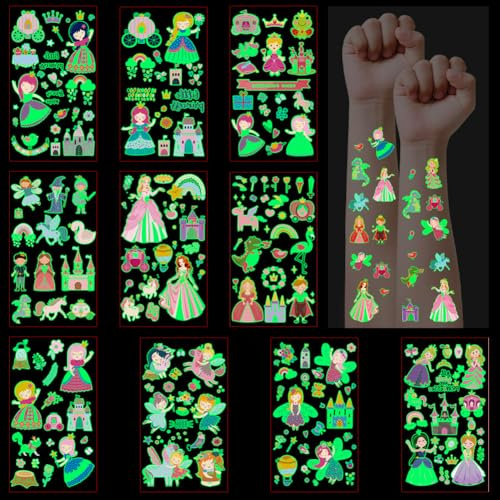 DiULi Leucht-Tattoos Kinder Blumenfee, 10 Blatt | Prinzessin-Klebetattoos als Mitgebsel für Kindergeburtstag und Einschulung