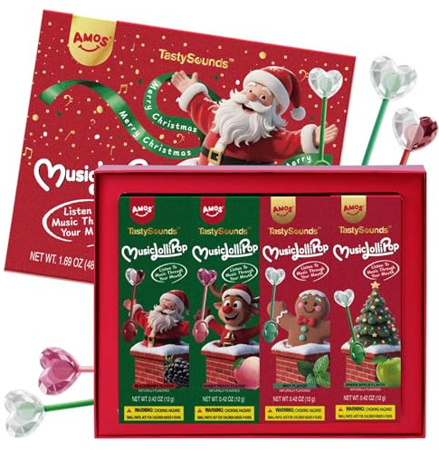 Amos Music Lollipop Candy, 4 Pack Christmas Audio Singing Lollies Sweets, (Black-berry & Peach & Mint & Apple) Flavors Lollipops, Sugar Free Lollipops Christmas Sweet Gift