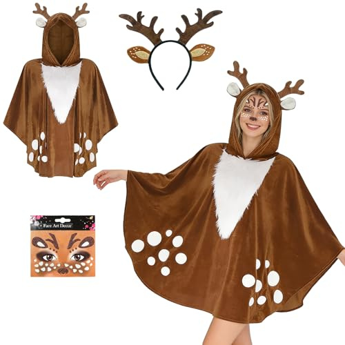 Forbabe Rentier Damenkostüm Reh Cape mit Rentier Ohren Geweih Haarreifen und Glitter Gesichtstattoo Karnevalskostüme Reh Tier Kostüm für Karneval Fasching Weihnachten Motto Party
