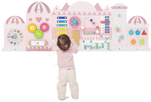 COSTWAY Busy Board Montessori en Forme Dinosaure avec 11 Jeux Sensoriel, Planche Tableau Activité Murale avec Xylophone & Horloge, Parcours Motricité Bébé pour Salle de Jeux, Crèche (Château Rose)