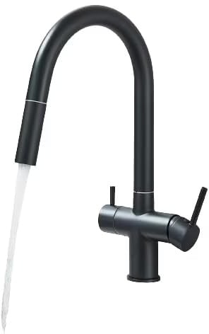 KLARWERK® Jana ausziehbare 3-Wege Armatur Edelstahl Schwarz | Osmose Filter Trinkwasser Wasserhahn Küche | Mischbatterie U-Auslauf 3 Anschlüsse