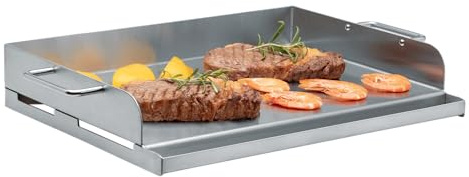 BBQ Plancha Grillplatte aus Edelstahl, 43x32,5x7,5 cm, mit Saftrinne und Flüssigkeitsreservoir, 2mm Materialstärke, bis 350°C