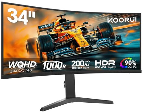 KOORUI 34 Pulgadas Gaming Monitor Curvo 200Hz WQHD HDR400 Pip PBP HDMI/DP | Adaptive Sync, Altura ajustable, inclinación ajustable, WQHD 3440x1440, 1000R, DCI-P3 90%, VESA 75x75mm, Ultra ancho