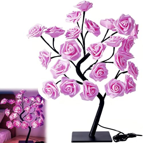 24 LED Simulierte Rosenbaum Lampe Warme weiße Feenblumen mit Schalter Romantische Tischleuchte Rosenbaum Tischlampe für Schlafzimmer Wohnzimmer Party Hochzeit Valentinstag USB Powered (Violett)