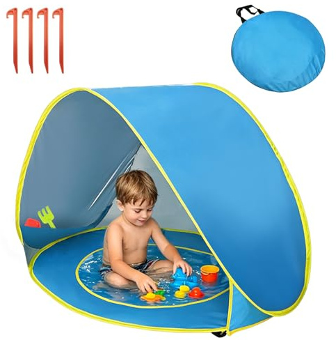 Strandmuschel Baby Pop Up Strandzelt, Baby Strand Zelt mit Mini Pool, Tragbarer Automatisches Windschutz Wurfzelt mit Tragetasche und Heringe für Kleinkinder Picknick Garten Strandmuschel