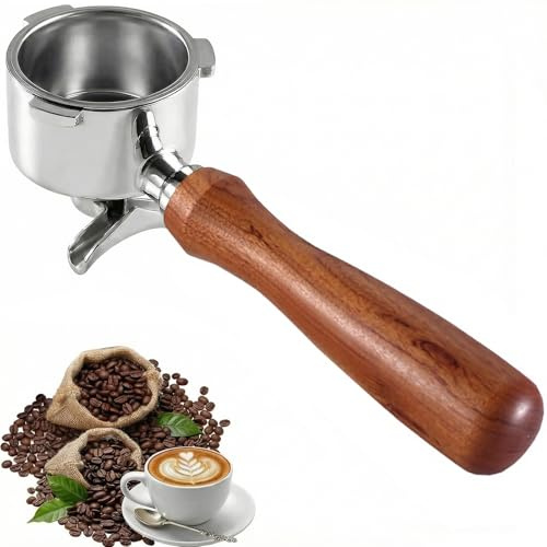 Siebträger 51mm Doppelauslauf für DeLonghi Dedica EC680/EC685, Holzgriff | 3-Ohren-Design, Edelstahl 304, ergonomischer Holzgriff, Doppelauslauf für Zwei Tassen, mit Einem Filtersieb, leicht zerlegbar