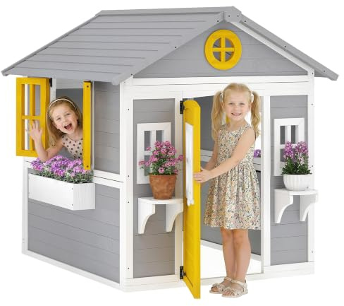 Outsunny Casetta in Legno Bambini 3-8 Anni 112x126x135cm Grigio Giallo | Casetta di Legno da Giardino per Bambini con Finestre, Tetto Inclinato, Vasi e Fioriere