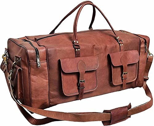Reisetasche aus echtem Ziegenleder, groß, handgefertigt, für Fitnessstudio, Wandern, Vintage-Stil, Braun, braun, 30(L),12(D), 13(H)