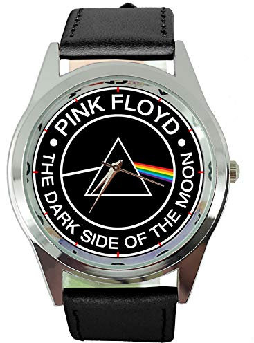 Quarz-Armbanduhr, rund, schwarzes Echtlederband, für Fans von Dark Side of the Moon