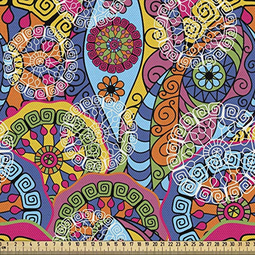 ABAKUHAUS Blumen Gewebe als Meterware, Hippie Aztec Tribal Boho, Schön Gewebten Stoff für Polster und Wohnaccessoires, 1M (148x100cm), Rosa Gelb