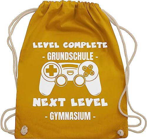 Turnbeutel Rucksack - Schulanfang & Einschulung Geschenk - Level complete - next level Gymnasium weiß - Unisize - Senfgelb - stoffrucksack mädchen schuleintritt turnsackerl 2024 schule bags