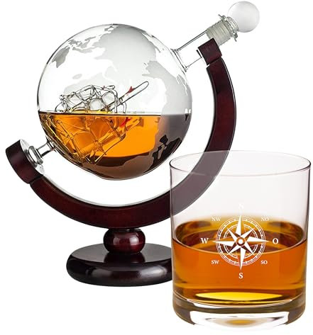 Whisky Karaffe Set | Whisky Geschenkset | Whiskey Geschenke für Männer | Weihnachtsgeschenke für Männer | Männergeschenke Opa Onkel | Globus Dekanter (Whiskyglas mit Gravur Kompass Silber)