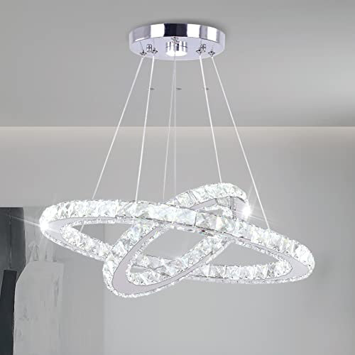 Finktonglan Modern Crystal Chandelier LED 19.7 x 11.8 inches Ceiling Pendant Light 2 Rings Adjustable Stainless Steel Lighting Fixtures Dining Room Living Room (Cool White)