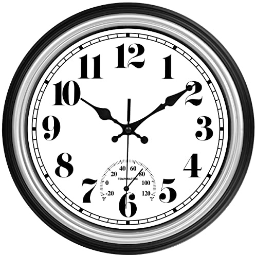 JENLYSTIME 30 cm inomhus/utomhus retro vattentät väggklocka med termometer tyst rund kvarts batteridriven lättläst dekorativ för kök uteplats, badrum, terrass, veranda, pool (silver)