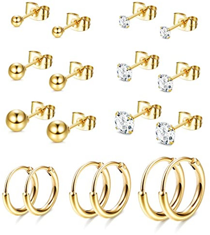 YADOCA 9 Paires Boucles d'Oreilles en Acier Inoxydable pour Femmes Hommes Avec Zircon Boucle d'Oreille Rondes