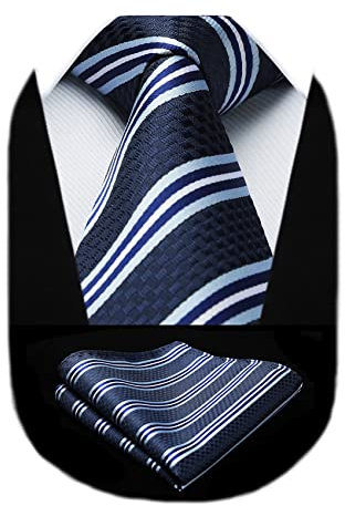 HISDERN Herren Klassische Krawatten Taschentuch Blau Weiß Gestreifte Elegant Formell Krawatte & Einstecktuch Set Für Business School Arbeit