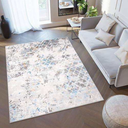 TAPISO Valley Teppich Kurzflor Beige Grau Blau Meliert Kleeblatt Marrokanisch Meliert Verwischt Schlafzimmer Wohnzimmer ÖKO-TEX 300 x 400 cm