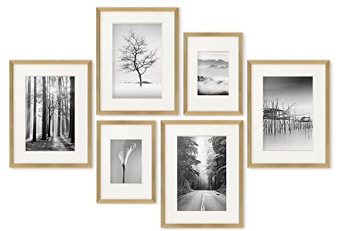 PHOTOLINI goldene Bilderrahmen Set verschiedene Größen, 6 MDF Holz Bilderrahmen mit Passepartout, Bilder Rahmen mit Acrylglas, No.4 Bilderrahmenset zum Aufhängen, Fotowand Fotorahmen Set & Zubehör