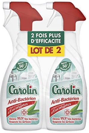 Carolin Pistolet Nettoyant Désinfectant Anti-Bactérien sans Javel Huile Essentielle d'Eucalyptus Lot de 2 x 650 ml