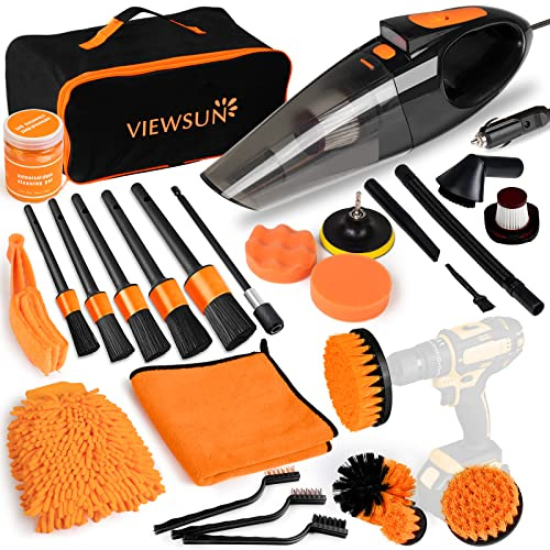 Viewsun Kit de Nettoyage de Voiture de 20 pièces, kit de Nettoyage intérieur de Voiture avec aspirateur à Main Haute Puissance, Ensemble de brosses de Nettoyage de Voiture, Gel de Nettoyage, kit