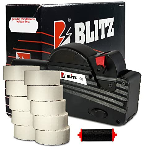 Preisauszeichner Set Blitz C8 inkl. 10 Rollen 26x12 Preisetiketten - weiss Tiefkühl Aufdruck: gekühlt mindestens haltbar bis + 1 Farbrolle | HUTNER